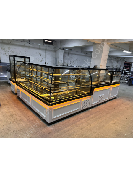 Pasta Tatlı Teşhir Seti – Geniş Hacimli Köşe Pastane Vitrin Sistemi DM0155