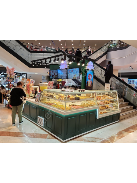 Pasta Tatlı Kruvasan Teşhir Seti – Köşe Tasarımlı Pastane Vitrin Sistemi DM0156